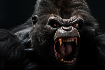 Portrait of a gorilla with angry expression on black background - obrazy, fototapety, plakaty