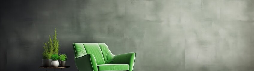 Living room with green armchair on empty dark concrete wall background.3d rendering