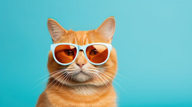 Closeup funny ginger cat wearing sunglasses isolated on light blue background © setiadio