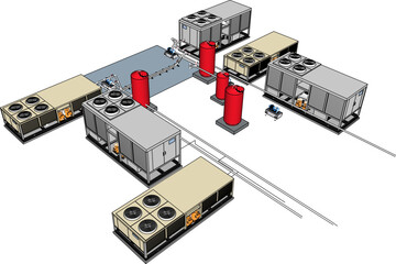 Vector sketch illustration of large factory chiller machine design - obrazy, fototapety, plakaty