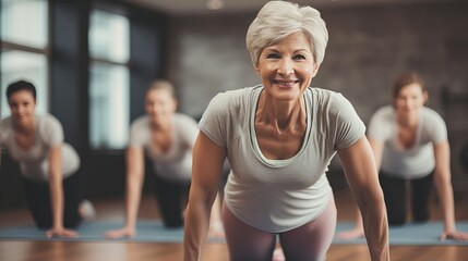 Smiling senior woman practicing cobra pose exercise at home, perfecting yoga routine