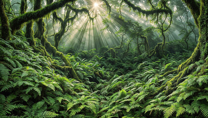 Obraz premium Emerald Embrace: Where Sunlight Whispers through Leaves, a Canvas Woven with Verdant Dreams. Mossy Symphony: Sunlight Dappled on Ancient Trunks, Whispers of Wind in Fern and Forest Floor.