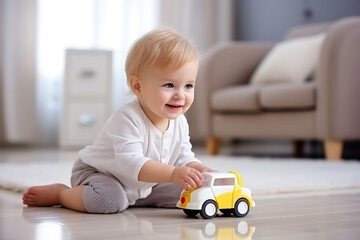 Baby boy playing with toy car.