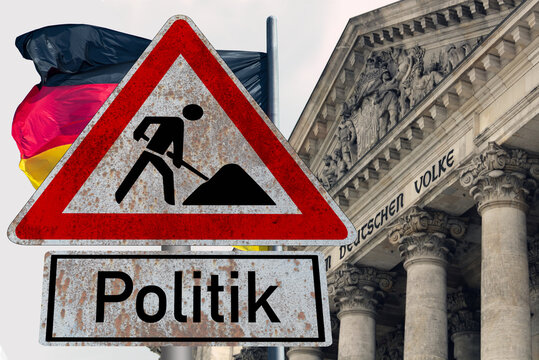 Flagge von Deutschland, Reichstagsgeb&auml;ude in Berlin und Baustelle Politik