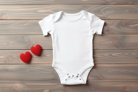 White baby bodysuit with red hearts on a wooden background.
