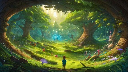 young child who finds a magical forest, person in the forest, anime style, manga style