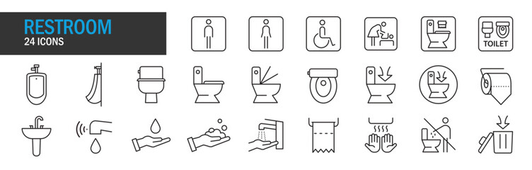 restroom icon set. High quality design element. Editable linear style stroke. Vector icon. EPS, PNG, JPG
