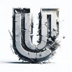 3D letter U construction font with industrial concrete and rubble