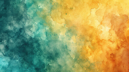 Watercolor abstract background on canvas with a dynamic mix of mustard yellow, teal and burnt orange