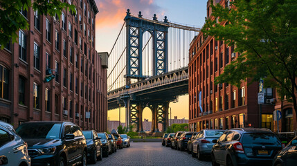 ニューヨーク市ブルックリンのダンボにあるマンハッタン橋GenerativeAI - obrazy, fototapety, plakaty