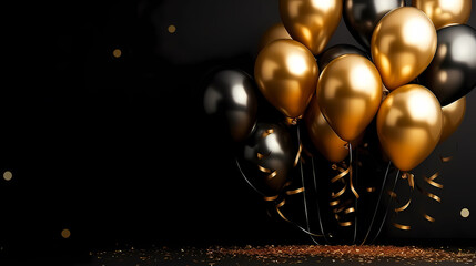 Holiday celebration background with balloons, golden sparkling confetti and ribbons