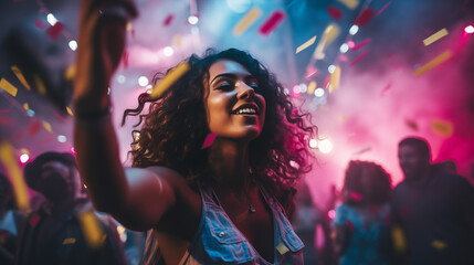 a moment of beauty and joy as an attractive woman dances at a music festival party