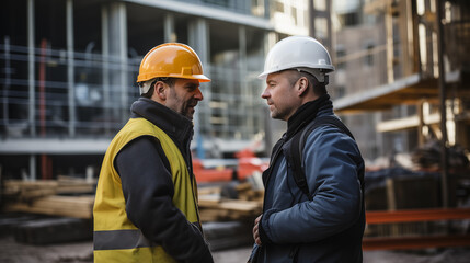 Construction foreman, both wearing safety hard hat helmets, two people in deep discussion at a building construction site