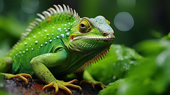 Title  expressive lizard close up in lush green jungle with anamorphic lens for hyper detailed image
