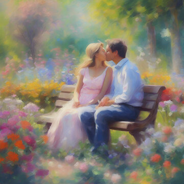 A couple sitting on a bench in a colorful flower garden. Impressionist style. 