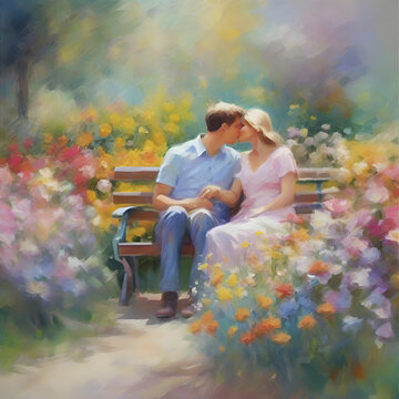 A couple sitting on a bench in a colorful flower garden. Impressionist style. 