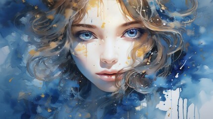 blue watercolor with a sprinkle of gold, woman face, 16:9