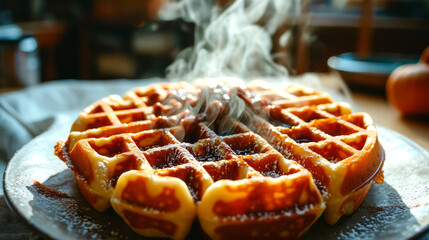 Belgian waffles on a plate with smoke, close-up. - obrazy, fototapety, plakaty