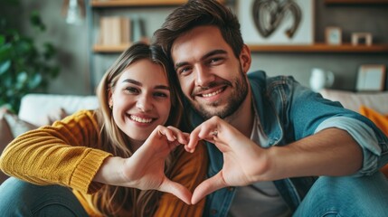 Lovely young couple is making heart sign with hands at home. Valentine's Day celebration. - obrazy, fototapety, plakaty