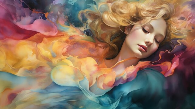gold, jewel tones, soft layers, background, watercolor, woman, face, 16:9
