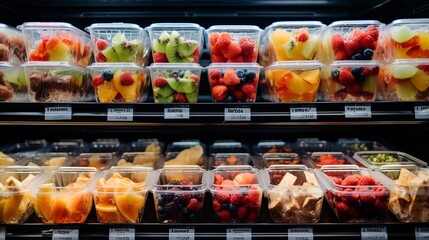 pre packed fruit salads in plastic boxes for sale in a refrigerator, 16:9