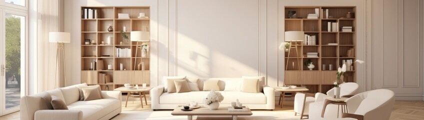 Luxury living room design, bright beige interior apartment, panorama, 3d render, 3d illustration