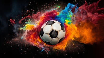 Fototapeta premium soccer ball bursting into colorful powder, 16:9