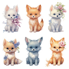 collection watercolor clipart of cute fantasy baby foxes