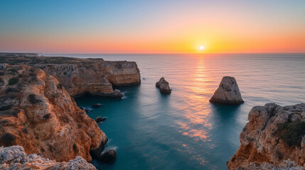 Naklejka premium プライア・ド・バジェ・デ・センタネス、ポルトガル南部のアルガルヴェの夕暮れ時の地中海に面した美しい海岸GenerativeAI