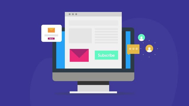 Blog newsletter subscription, user subscribe for content provides email details, digital marketing email pop window for customer conversion strategy, video animation 2d clip.