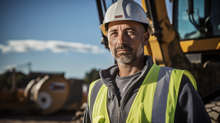 guy operating dragline excavator looking at camera on construction sites with construction sites background