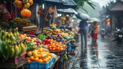 Fototapeta na wymiar Rainy Day Bounty: Fruit and Vegetable Market in the Rain 