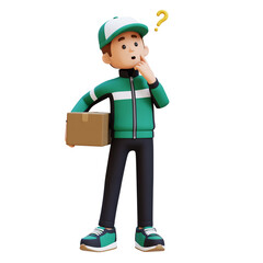 3D Delivery Man Character Confused and Thinking Pose with Parcel Box