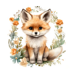 watercolor cute fox, flowers around 
