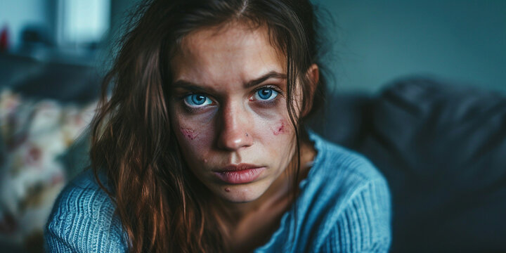 Domestic violence victim, abuse, awareness.  Portrait of bruised woman looking at camera. Female with black eye sitting on couch in living room