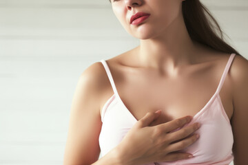 Young Woman in White Suffering from Chest Pain