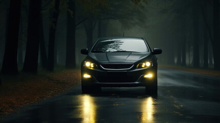 A sedan car with headlights on driving through a misty forest road in autumn. - obrazy, fototapety, plakaty