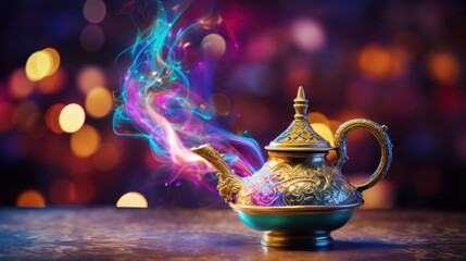 An ornate Aladdin's lamp releasing magical colorful smoke against a bokeh light background.