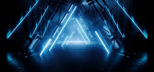 Futuristic Cyber Sci Fi Triangle Shaped Tunnel Corridor Alien Spaceship Hangar Warehouse Glowing Lasers Blue Electric Stage Showroom 3D Rendering © IM_VISUALS