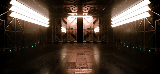 Sci Fi Futuristic Background Sci Fi Metal Panels Alien Spaceship Underground Garage Hangar Room Corridor Vibrant Cyber Lights 3D Rendering © IM_VISUALS