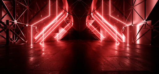 Sci Fi Futuristic Sci Fi Metal Panels Alien Spaceship Underground Garage Hangar Room Corridor Vibrant Cyber Red Neon Laser Lights 3D Rendering © IM_VISUALS
