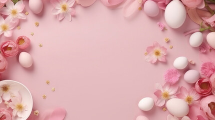Fototapeta na wymiar Easter-themed pink backdrop adorned with pastel eggs and a variety of spring flowers creating a festive mood.