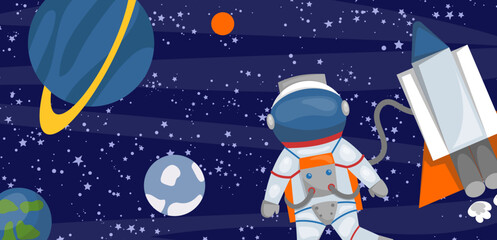 Astronaut near a spaceship in space with stars and planets. Cosmonaut exploring the galaxy, universe adventure vector illustration.