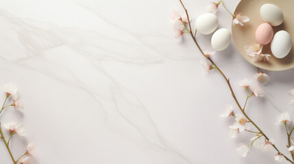 A serene Easter composition with white and speckled eggs in a dish, alongside cherry blossom branches on a marble surface.