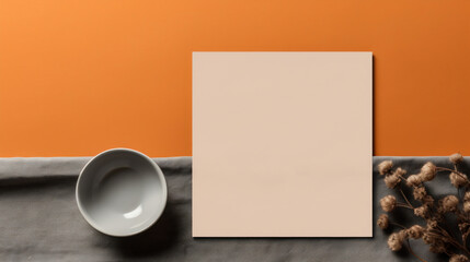 A blank canvas positioned on a muted orange background with a grey cloth and dried plants, offering a minimalist aesthetic.