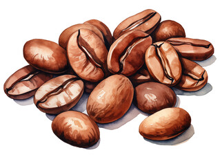 coffee beans close up watercolor illustration png isolated on a transparent background, drinks clipart 