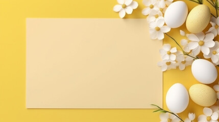 Naklejka na ściany i meble A spring-themed Easter card mockup surrounded by white flowers and speckled eggs on a bright yellow background.