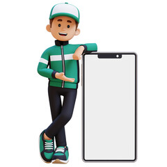 3D Delivery Man Character Presenting and Lying on Big Empty Phone Screen