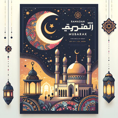The illustration shows meaningful Ramadan icons like lamps, a mosque, and crescent in a bright, celebratory style for greeting cards. It captures the essence of Islam's holy month and its traditions.