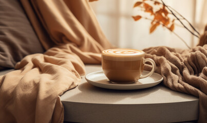 Fototapeta na wymiar Cozy Home Coffee Time with Warm Sunlight and Autumn Leaves